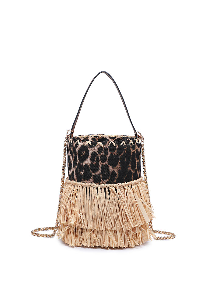 KASSANDRA Leopard Print Fringe Straw Bucket Bag Black