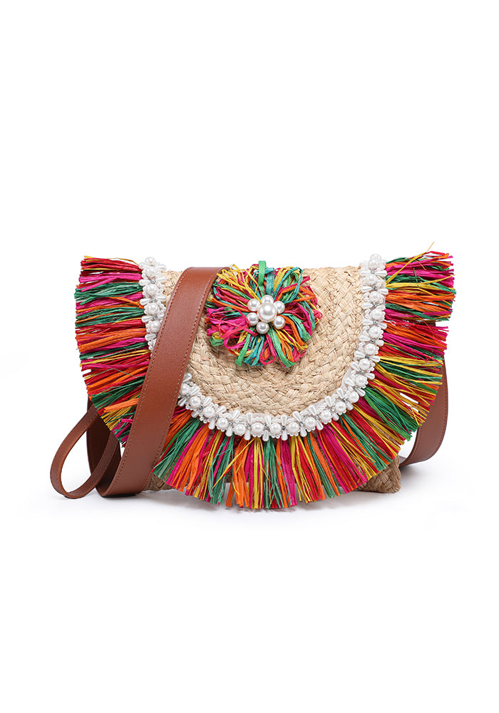 Colorful Fringe Straw Crossbody Bag with Pearl Decoration