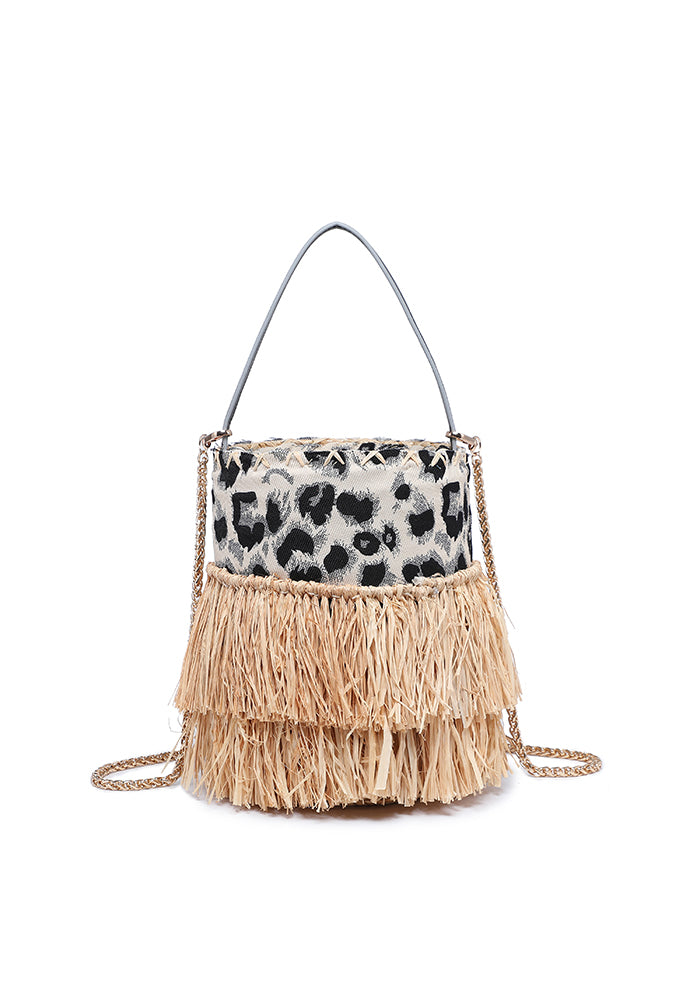 KASSANDRA Leopard Print Fringe Straw Bucket Bag White
