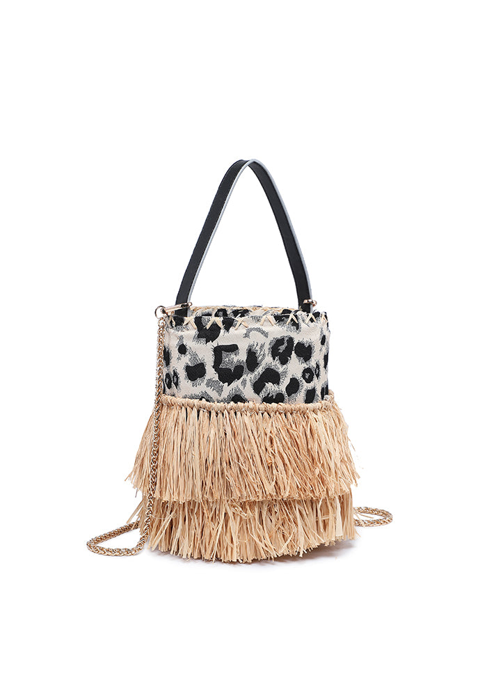 KASSANDRA Leopard Print Fringe Straw Bucket Bag