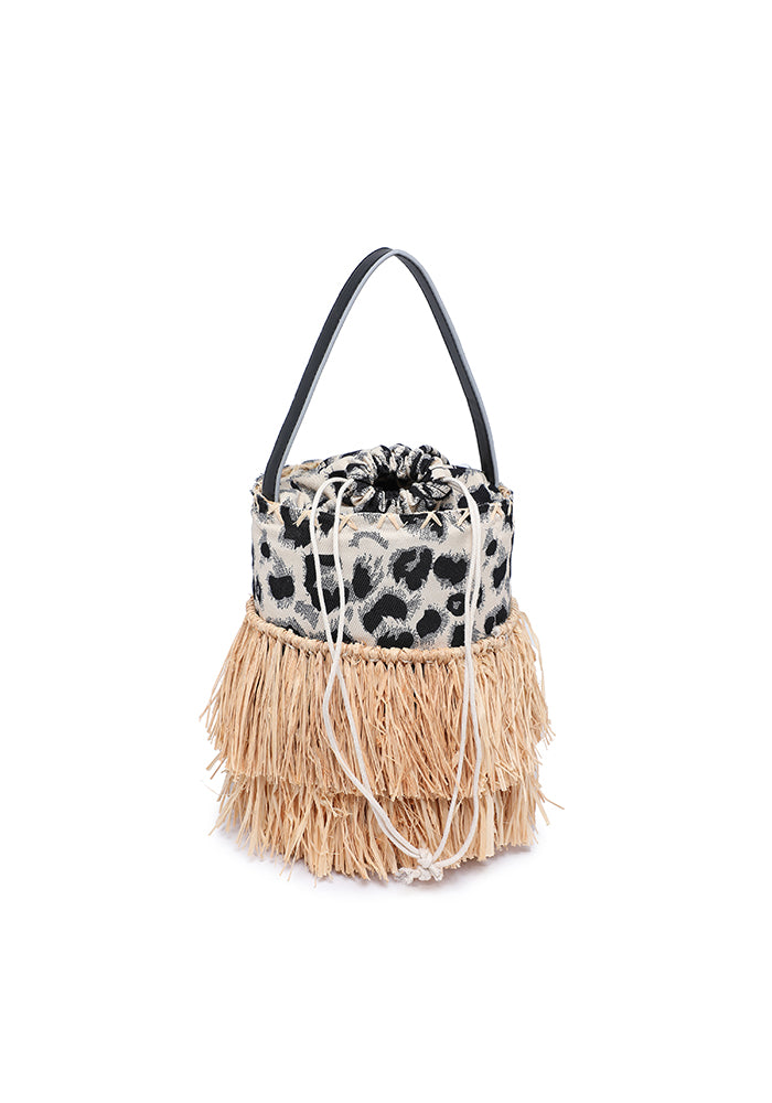 KASSANDRA Leopard Print Fringe Straw Bucket Bag