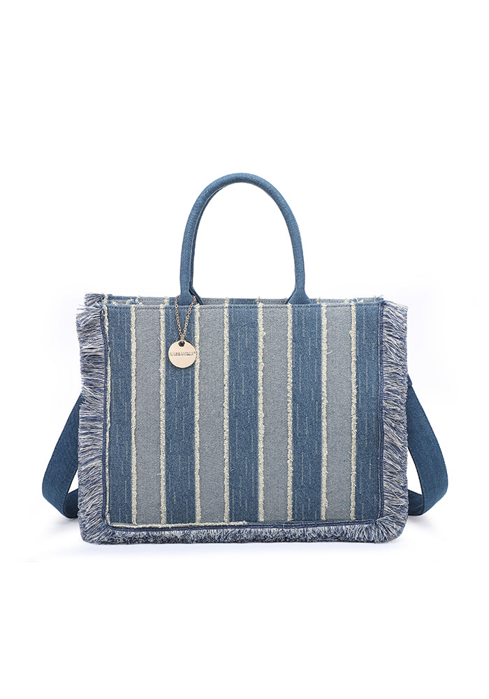 Fringed Striped Denim Tote Bag
