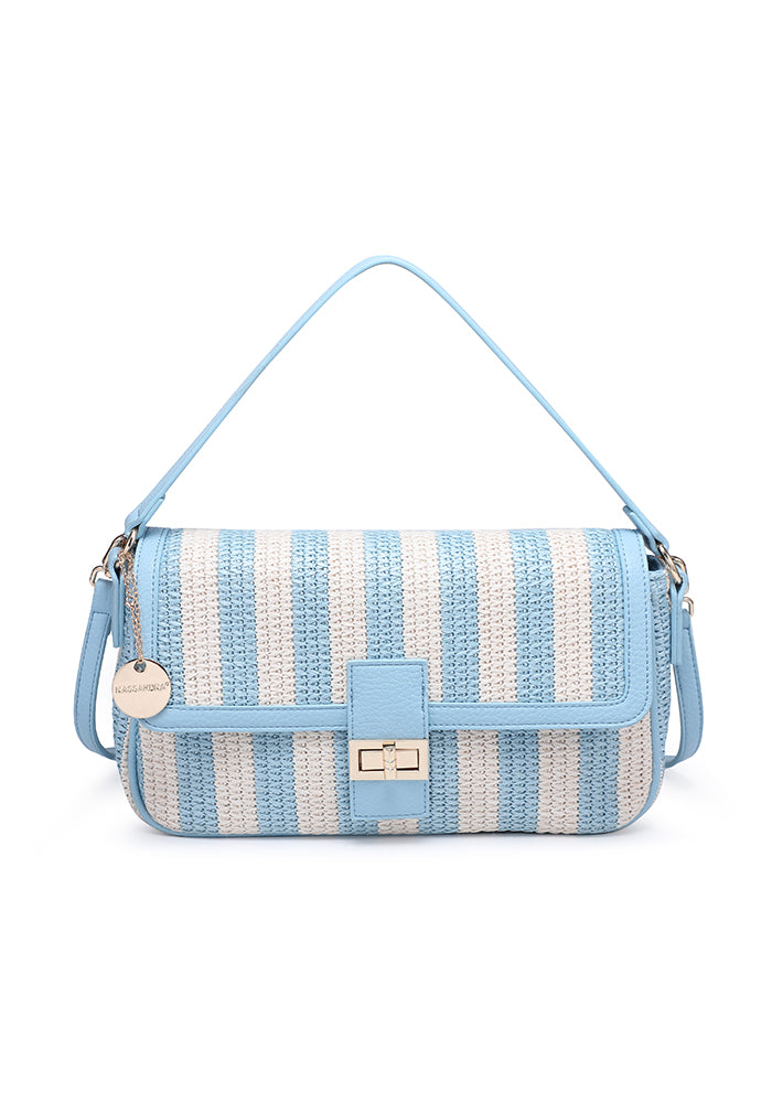 Chic Striped Woven Shoulder Bag with Sophisticated Turn Lock