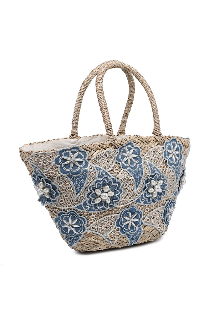 KASSANDRA Chic Blue Floral Embroidered Straw Beach Tote Bag