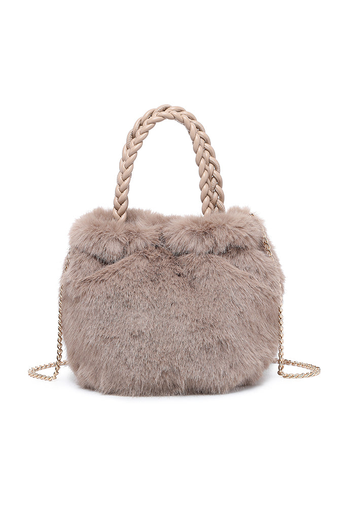 Faux Fur Braided-Handle Mini Bucket Tote