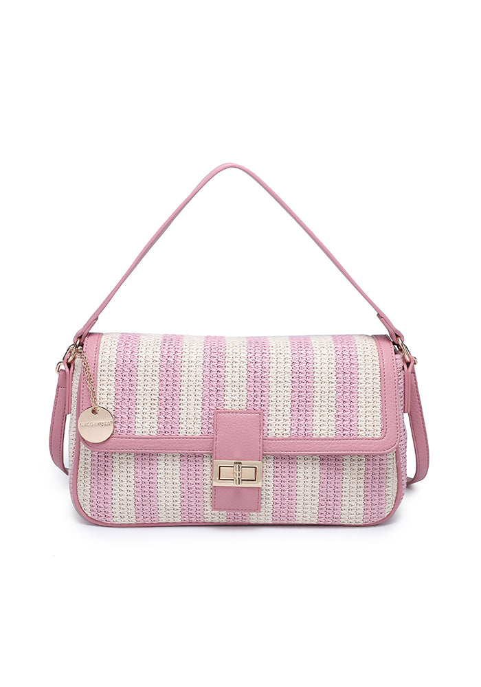 Chic Striped Woven Shoulder Bag with Sophisticated Turn Lock