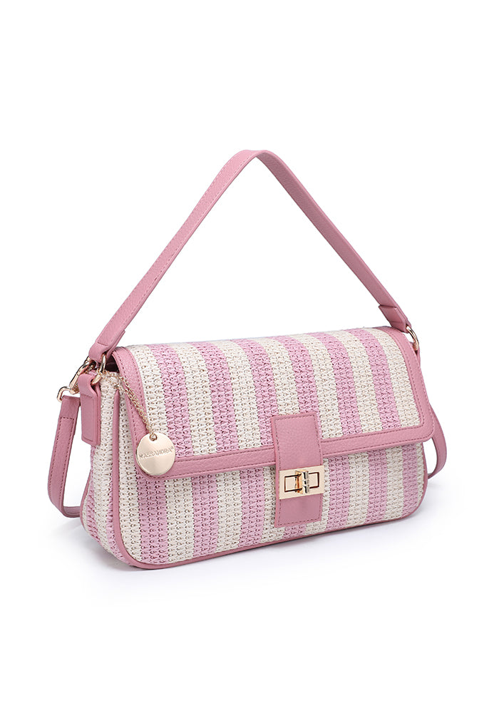 Chic Striped Woven Shoulder Bag with Sophisticated Turn Lock