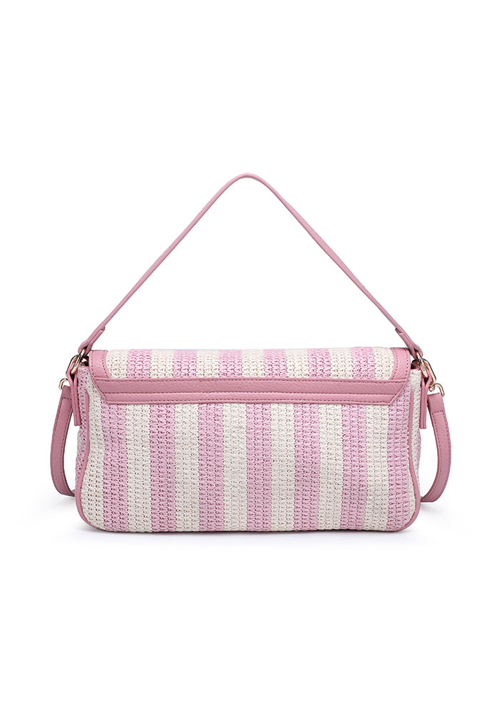 Chic Striped Woven Shoulder Bag with Sophisticated Turn Lock