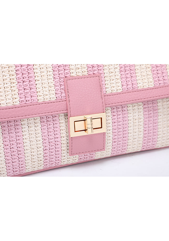 Chic Striped Woven Shoulder Bag with Sophisticated Turn Lock