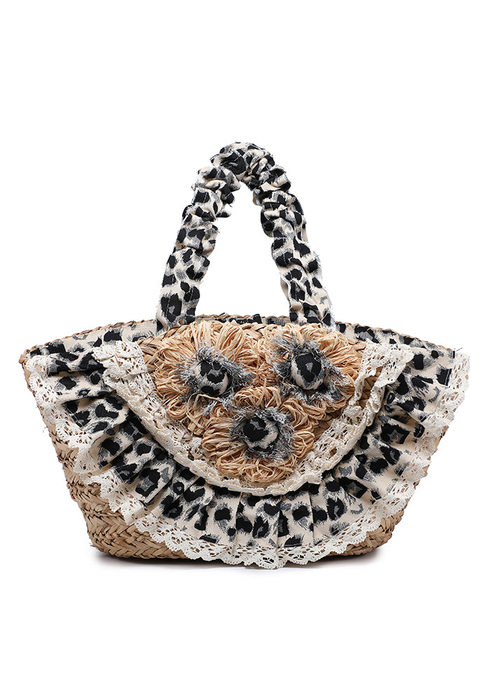 KASSANDRA Leopard Print Floral Straw Handbag Beige