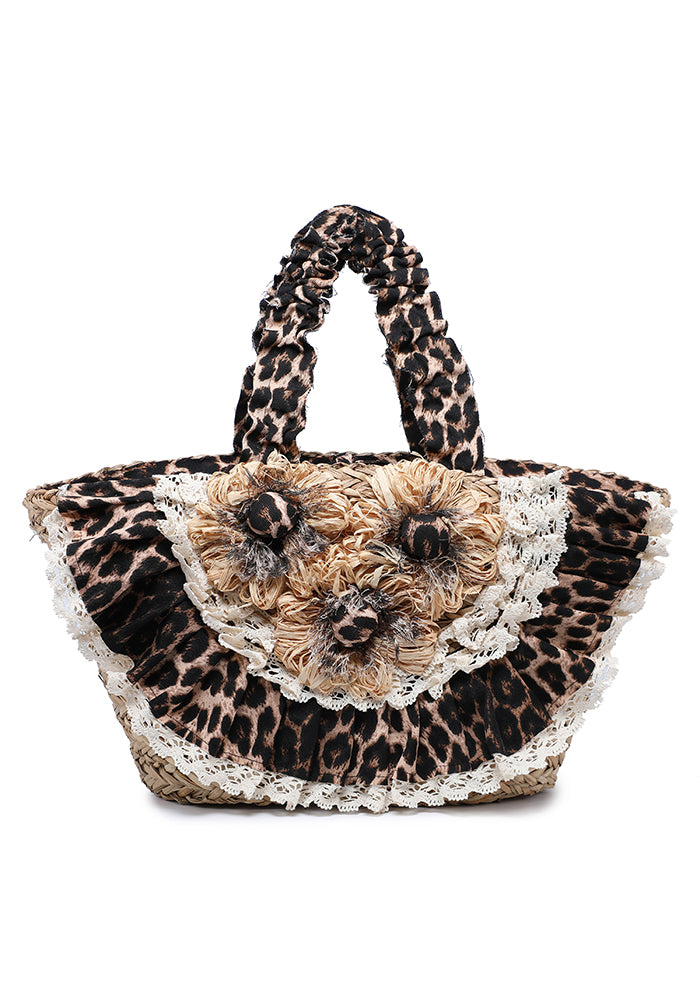 KASSANDRA Leopard Print Floral Straw Handbag Black