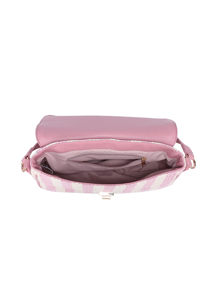Chic Striped Woven Shoulder Bag with Sophisticated Turn Lock
