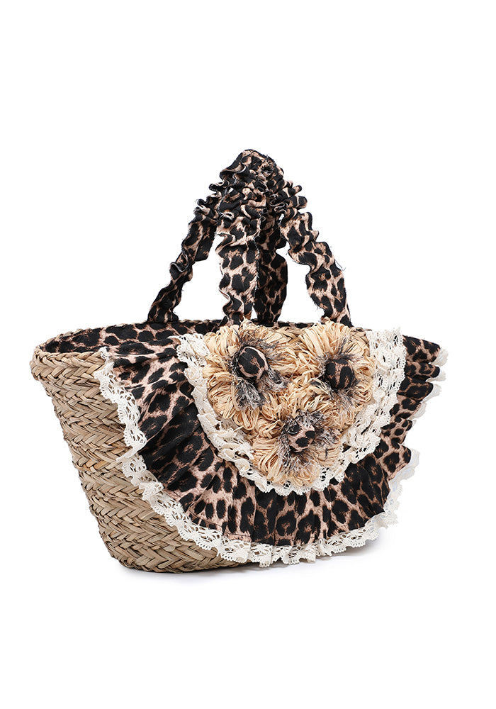 KASSANDRA Leopard Print Floral Straw Handbag