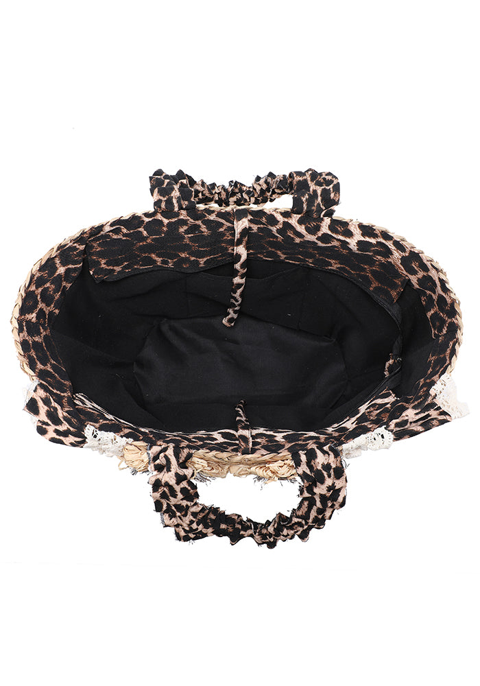 KASSANDRA Leopard Print Floral Straw Handbag