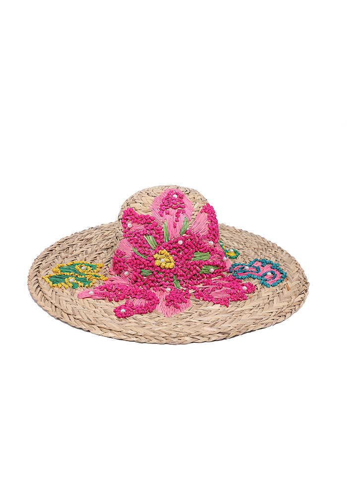 KASSANDRA Vibrant Floral Embroidered Straw Hat Pink