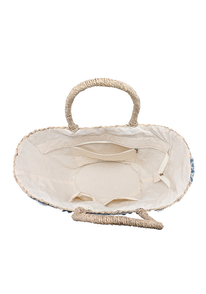 KASSANDRA Chic Blue Floral Embroidered Straw Beach Tote Bag