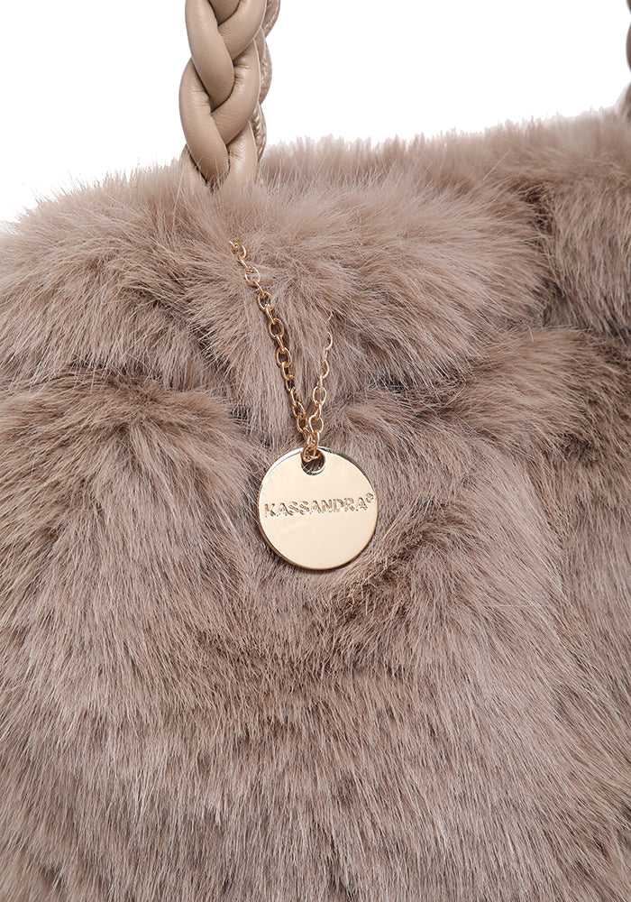 Faux Fur Braided-Handle Mini Bucket Tote