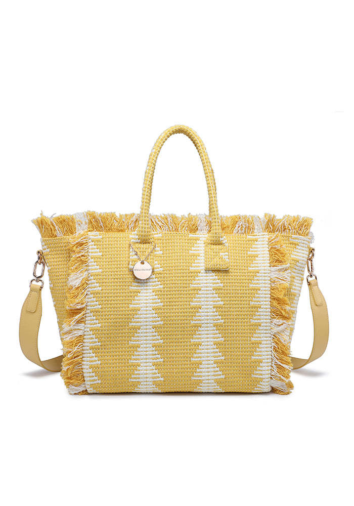 KASSANDRA Fringed Geometric Woven Tote Bag Yellow