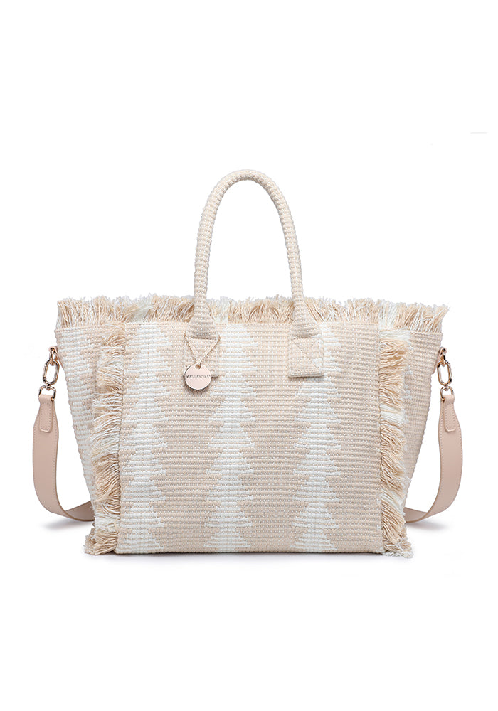 KASSANDRA Fringed Geometric Woven Tote Bag Beige