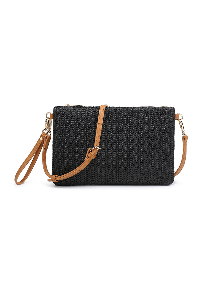 KASSANDRA Classic Straw Crossbody Bag Black