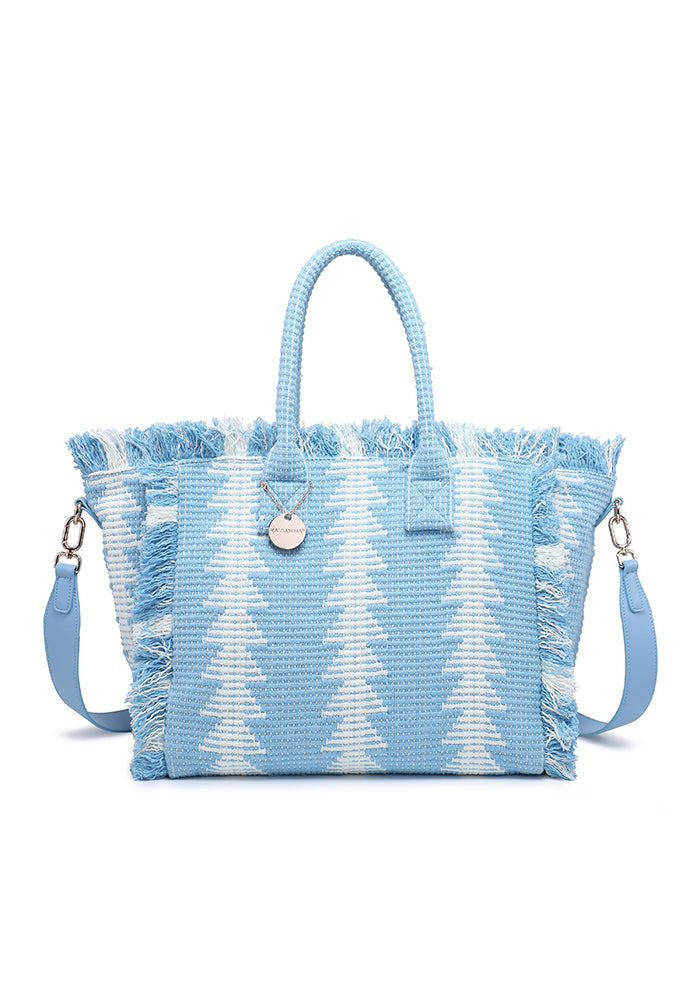 KASSANDRA Fringed Geometric Woven Tote Bag Navy