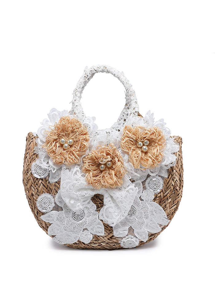 Floral Embellished Lace Straw Tote Bag