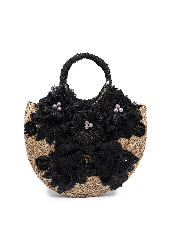 Floral Embellished Lace Straw Tote Bag