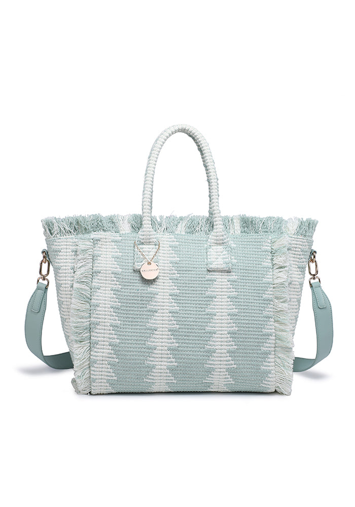 KASSANDRA Fringed Geometric Woven Tote Bag Green