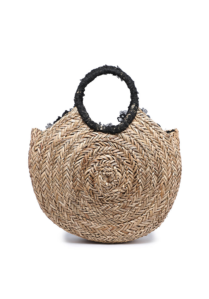 Floral Embellished Lace Straw Tote Bag