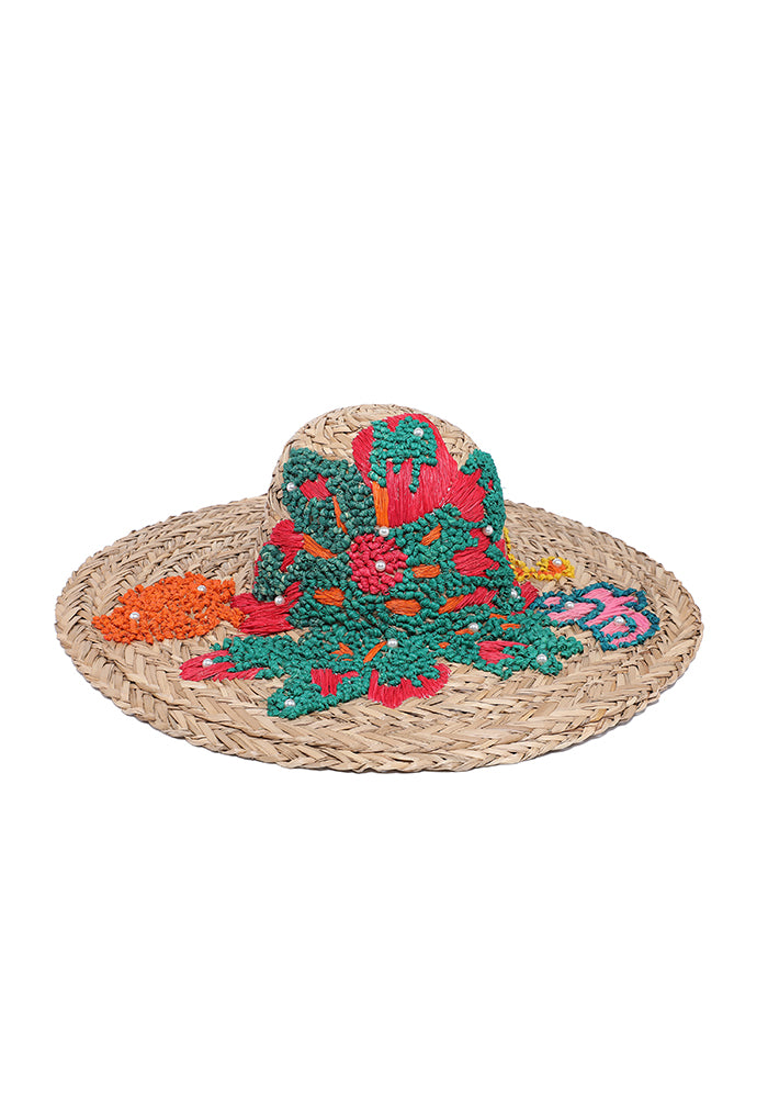 KASSANDRA Vibrant Floral Embroidered Straw Hat Dark Red