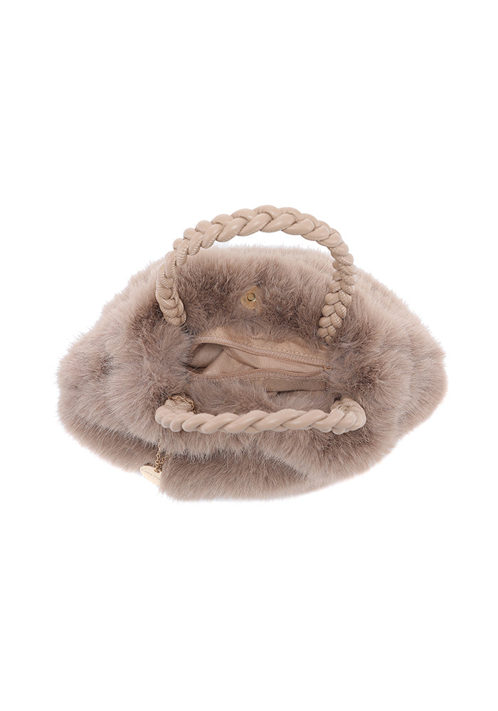 Faux Fur Braided-Handle Mini Bucket Tote