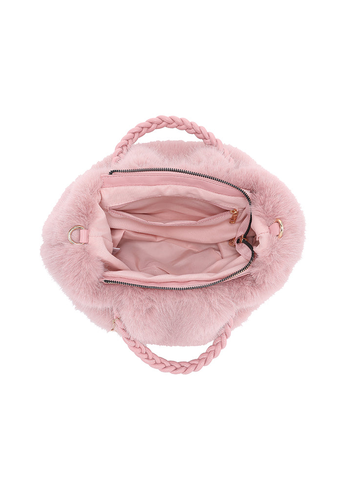 Faux Fur Braided-Handle Chain Tote