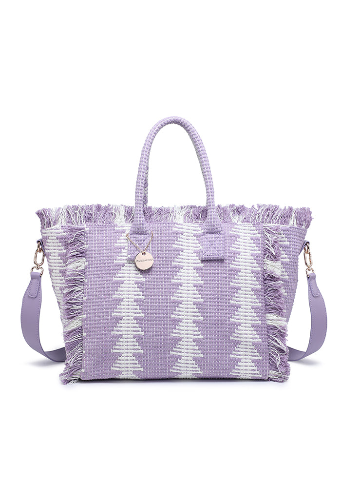 KASSANDRA Fringed Geometric Woven Tote Bag Purple