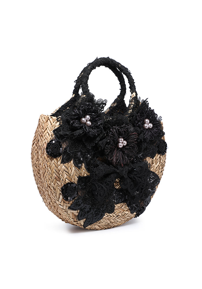 Floral Embellished Lace Straw Tote Bag