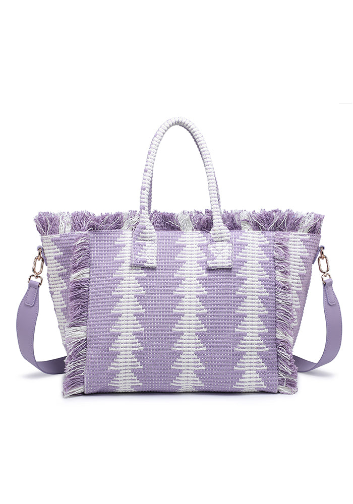 KASSANDRA Fringed Geometric Woven Tote Bag