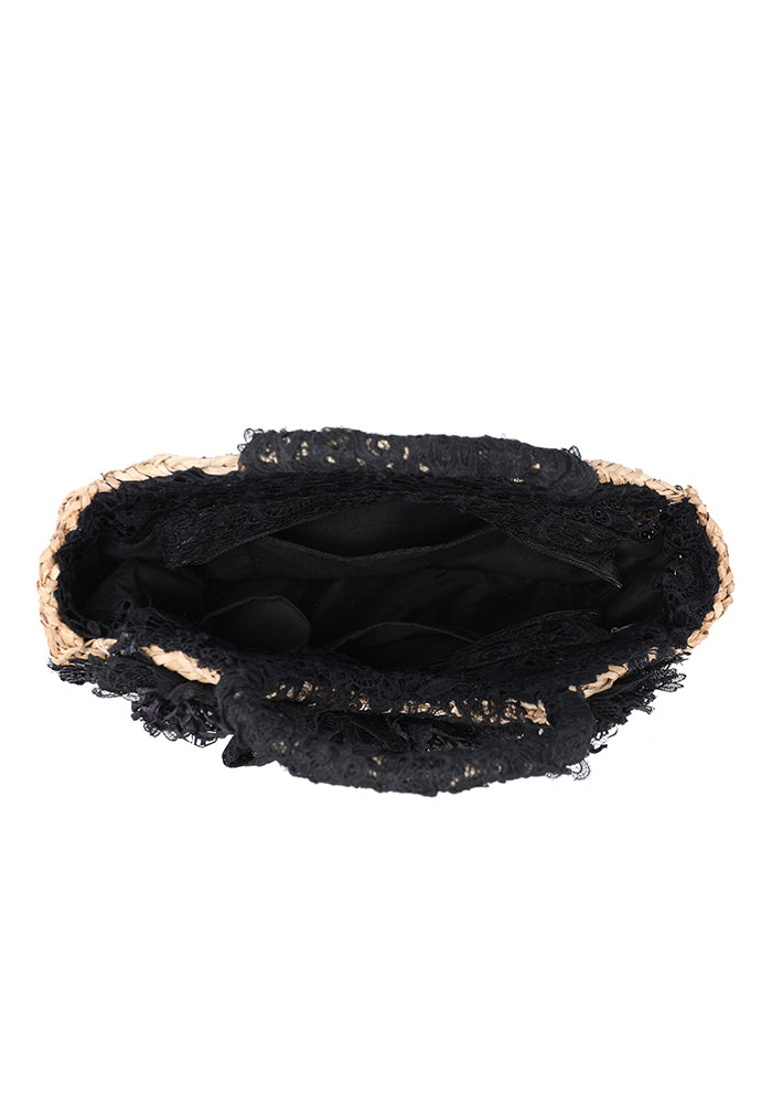 Floral Embellished Lace Straw Tote Bag