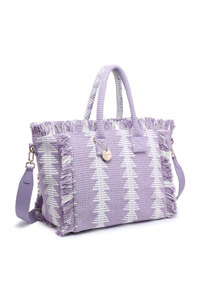 KASSANDRA Fringed Geometric Woven Tote Bag