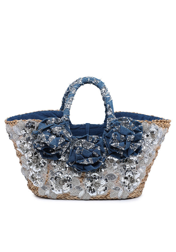 KASSANDRA Sequin Floral Embellished Straw Tote Bag Navy