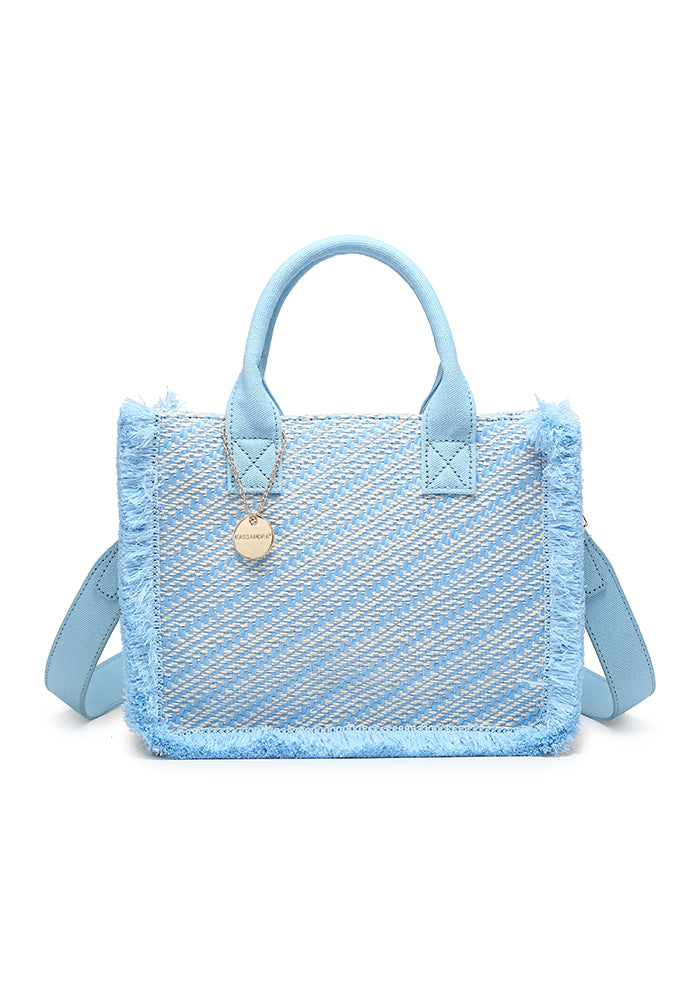 KASSANDRA Chic Diagonal Striped Woven Mini Tote Bag Navy