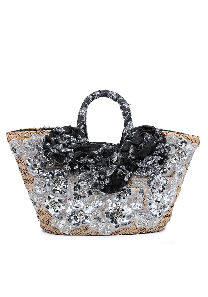 KASSANDRA Sequin Floral Embellished Straw Tote Bag Black