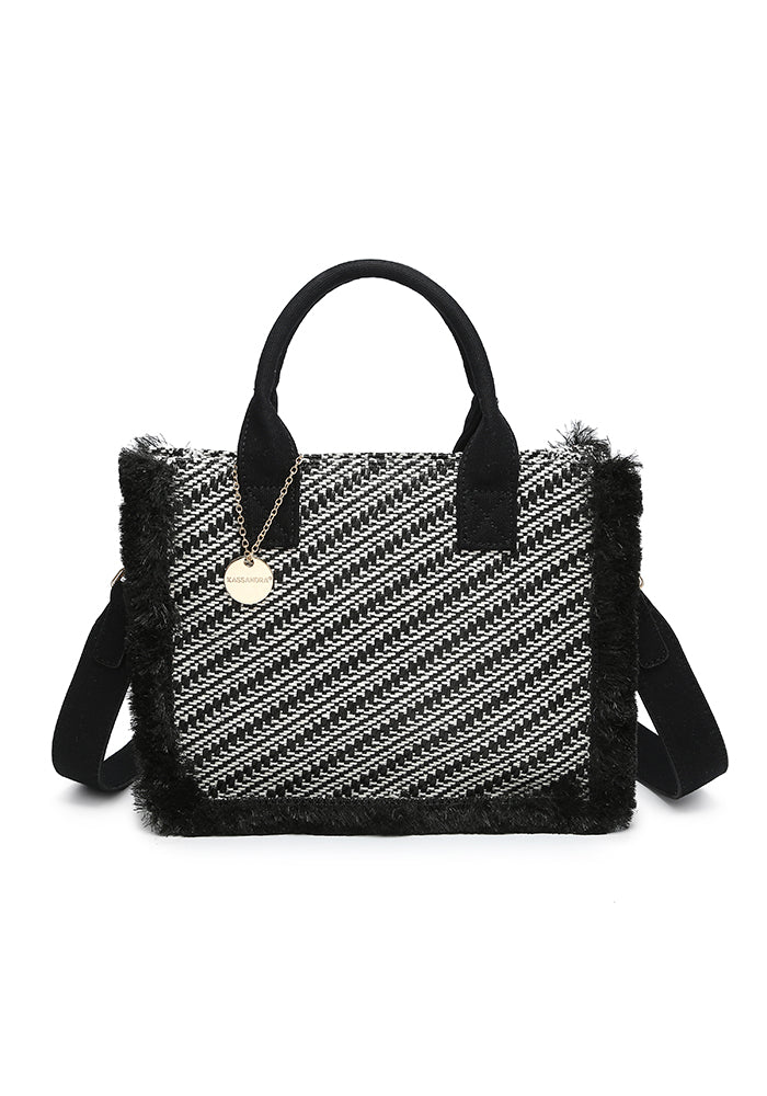 KASSANDRA Chic Diagonal Striped Woven Mini Tote Bag Black