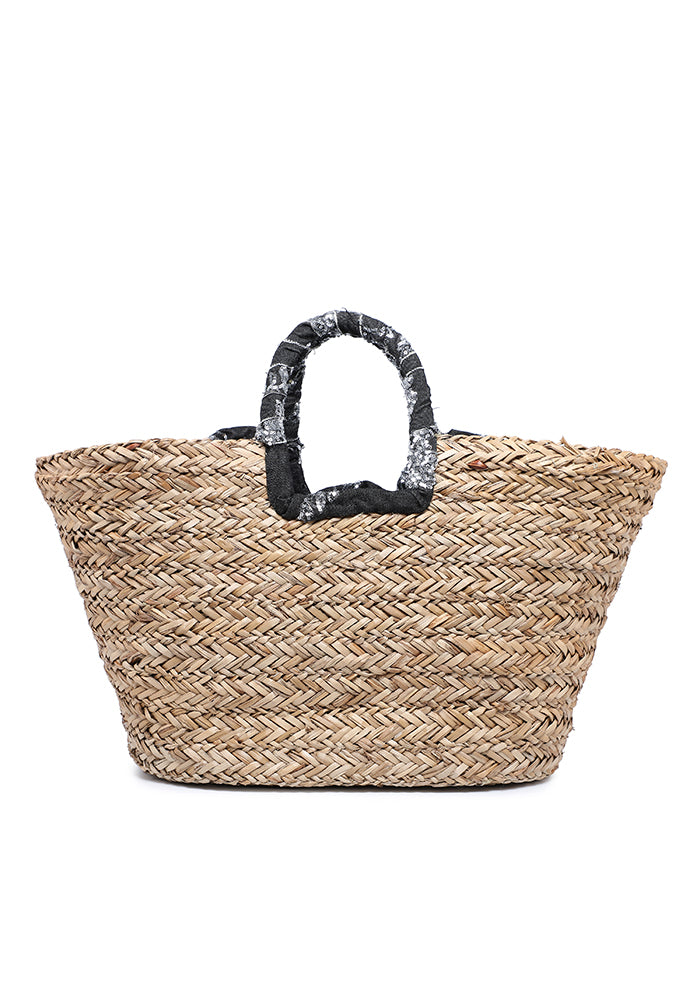KASSANDRA Sequin Floral Embellished Straw Tote Bag