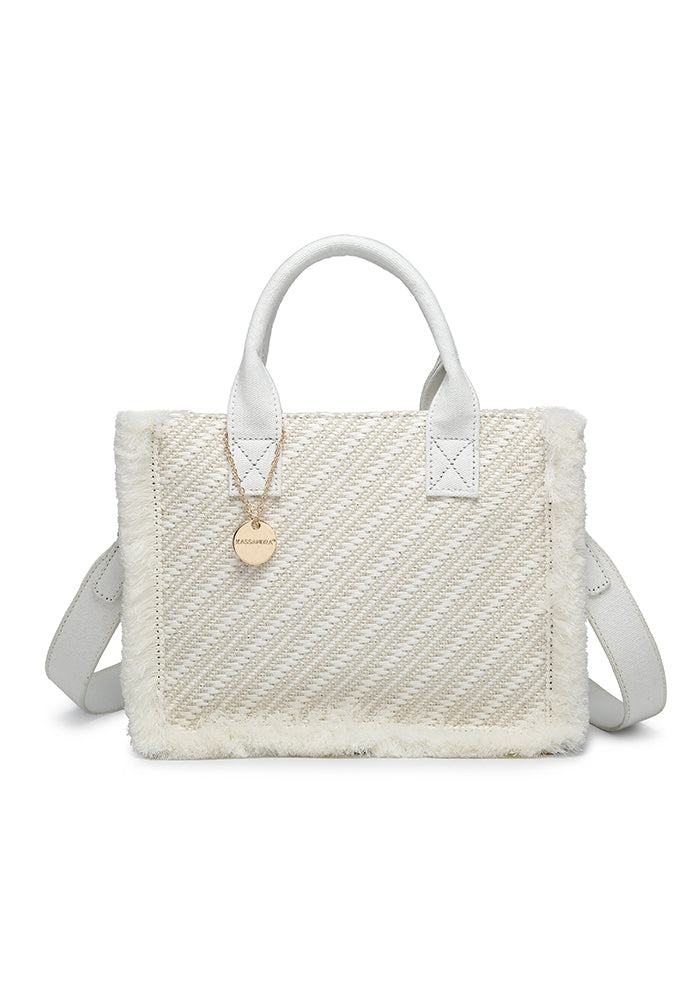 KASSANDRA Chic Diagonal Striped Woven Mini Tote Bag White