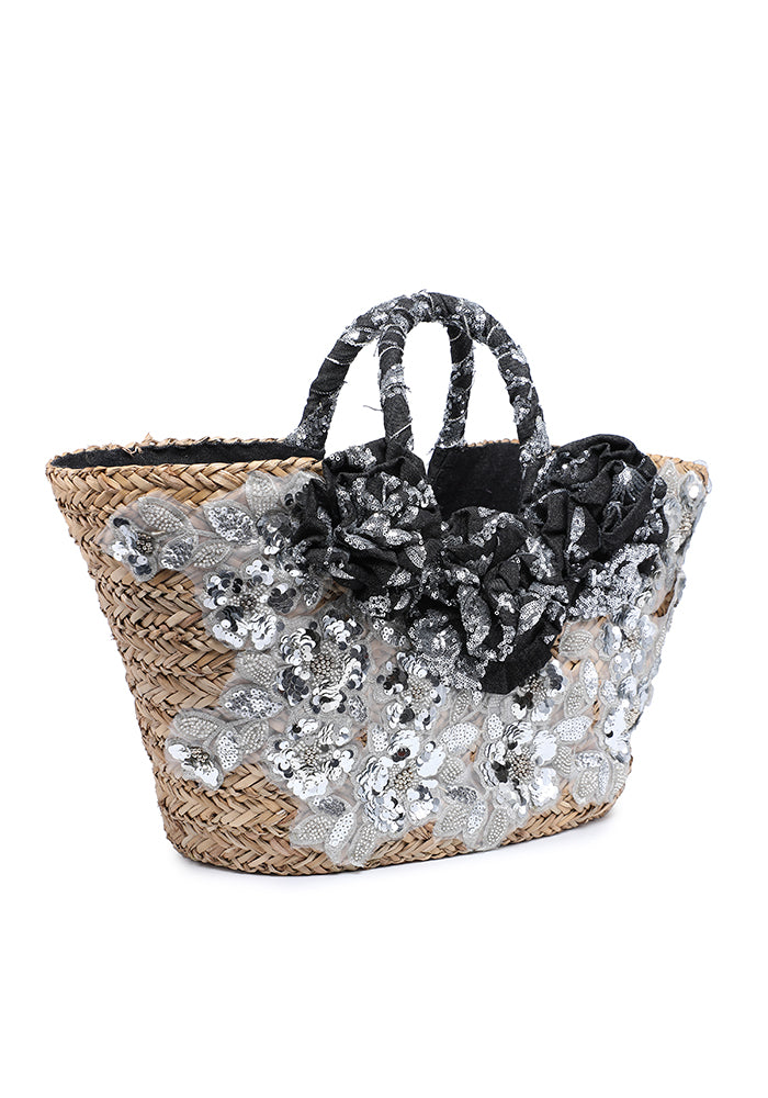 KASSANDRA Sequin Floral Embellished Straw Tote Bag