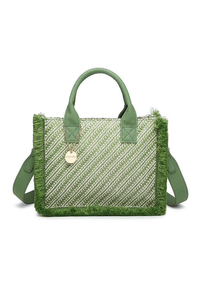 KASSANDRA Chic Diagonal Striped Woven Mini Tote Bag Green
