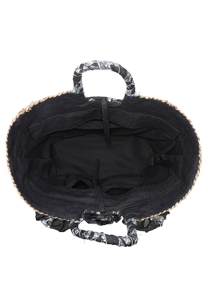 KASSANDRA Sequin Floral Embellished Straw Tote Bag