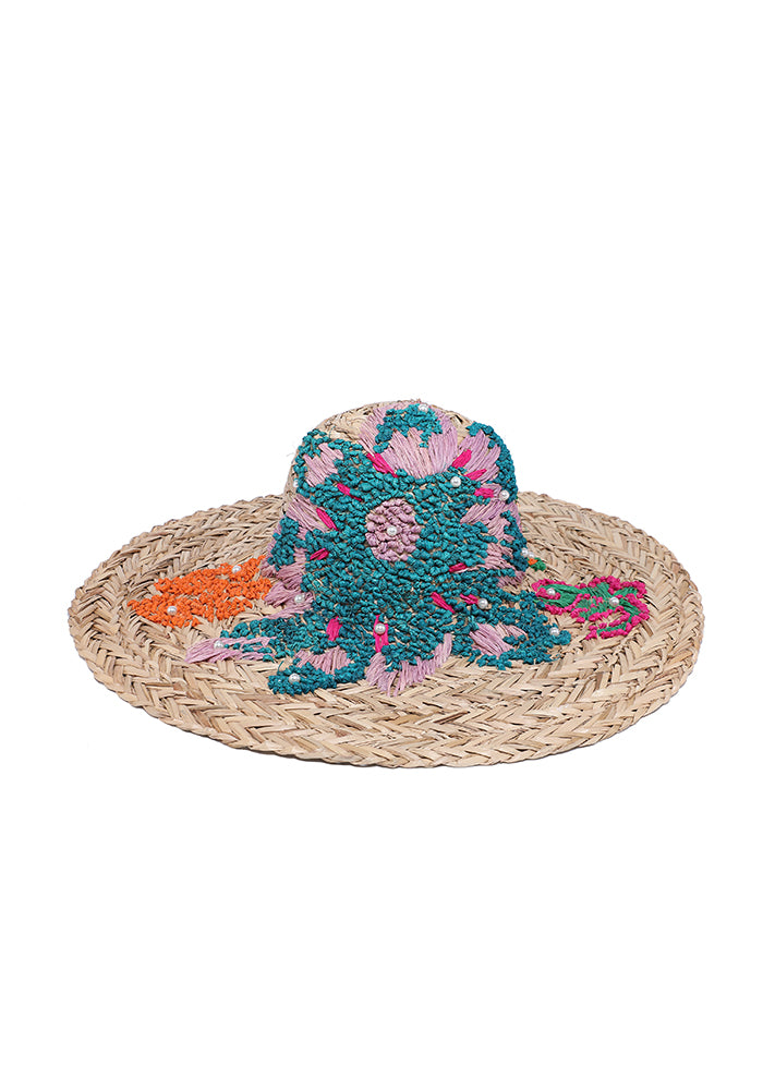 KASSANDRA Vibrant Floral Embroidered Straw Hat Green