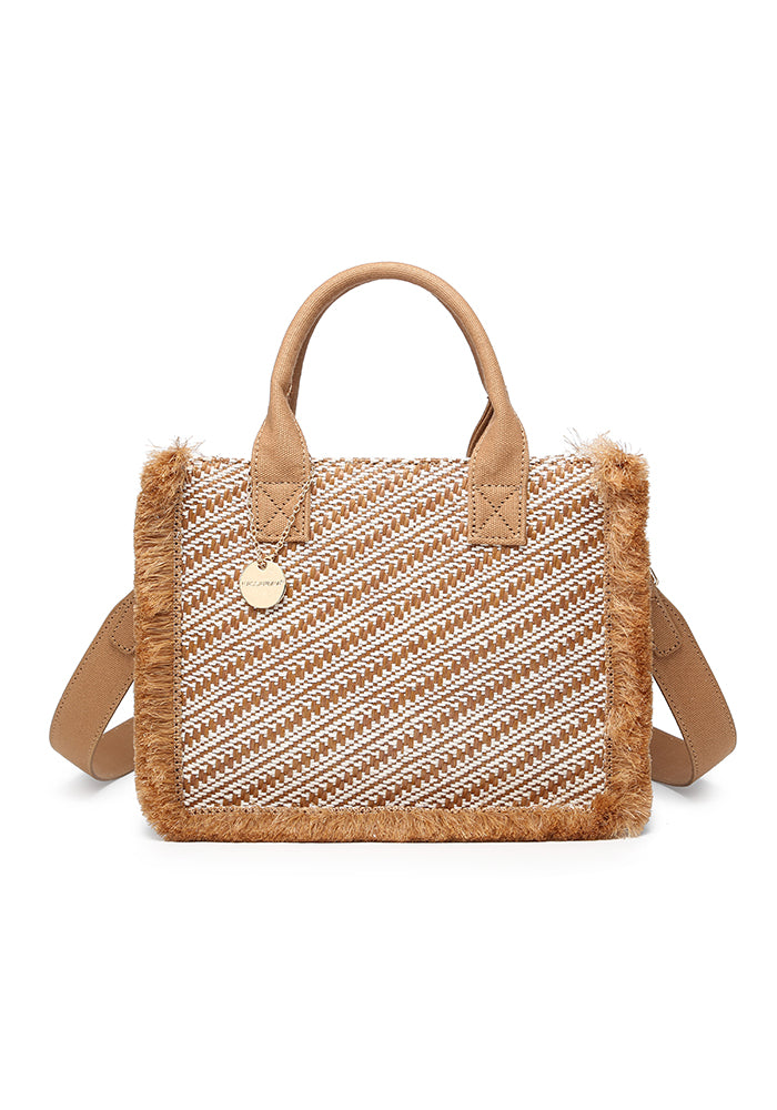 KASSANDRA Chic Diagonal Striped Woven Mini Tote Bag Taupe