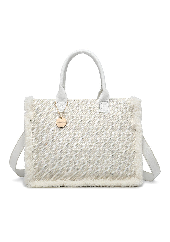 KASSANDRA Elegant Diagonal Striped Woven Tote Bag White