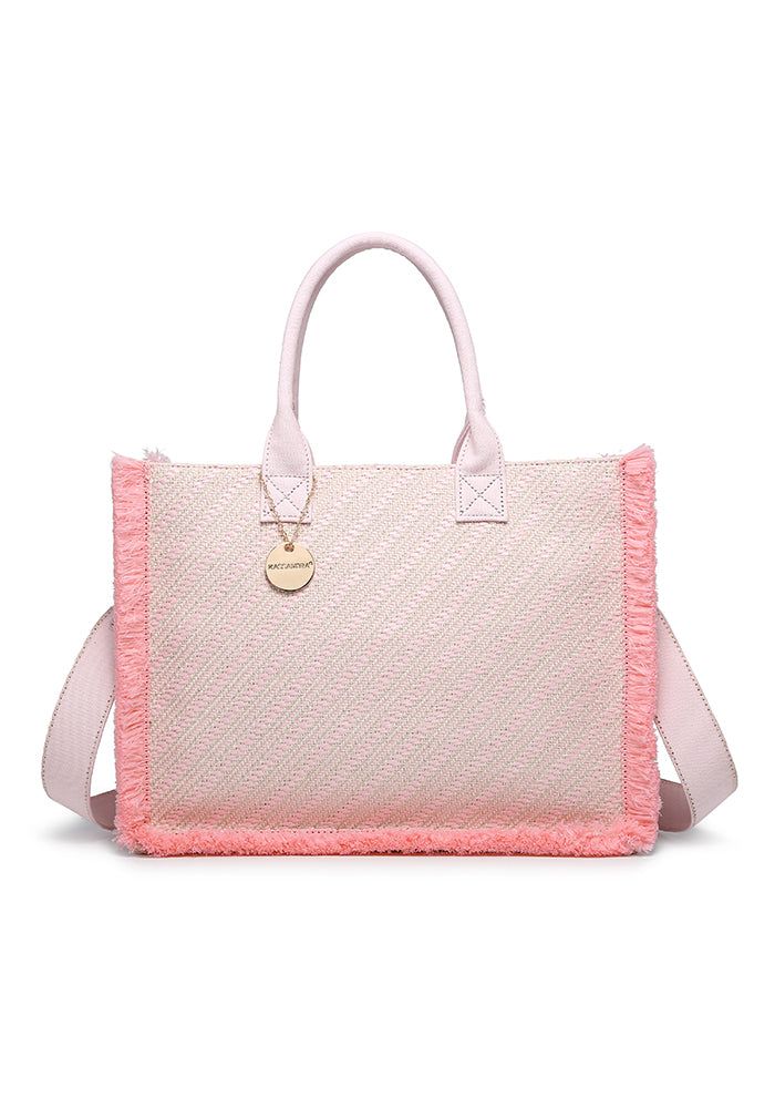 KASSANDRA Elegant Diagonal Striped Woven Tote Bag Pink